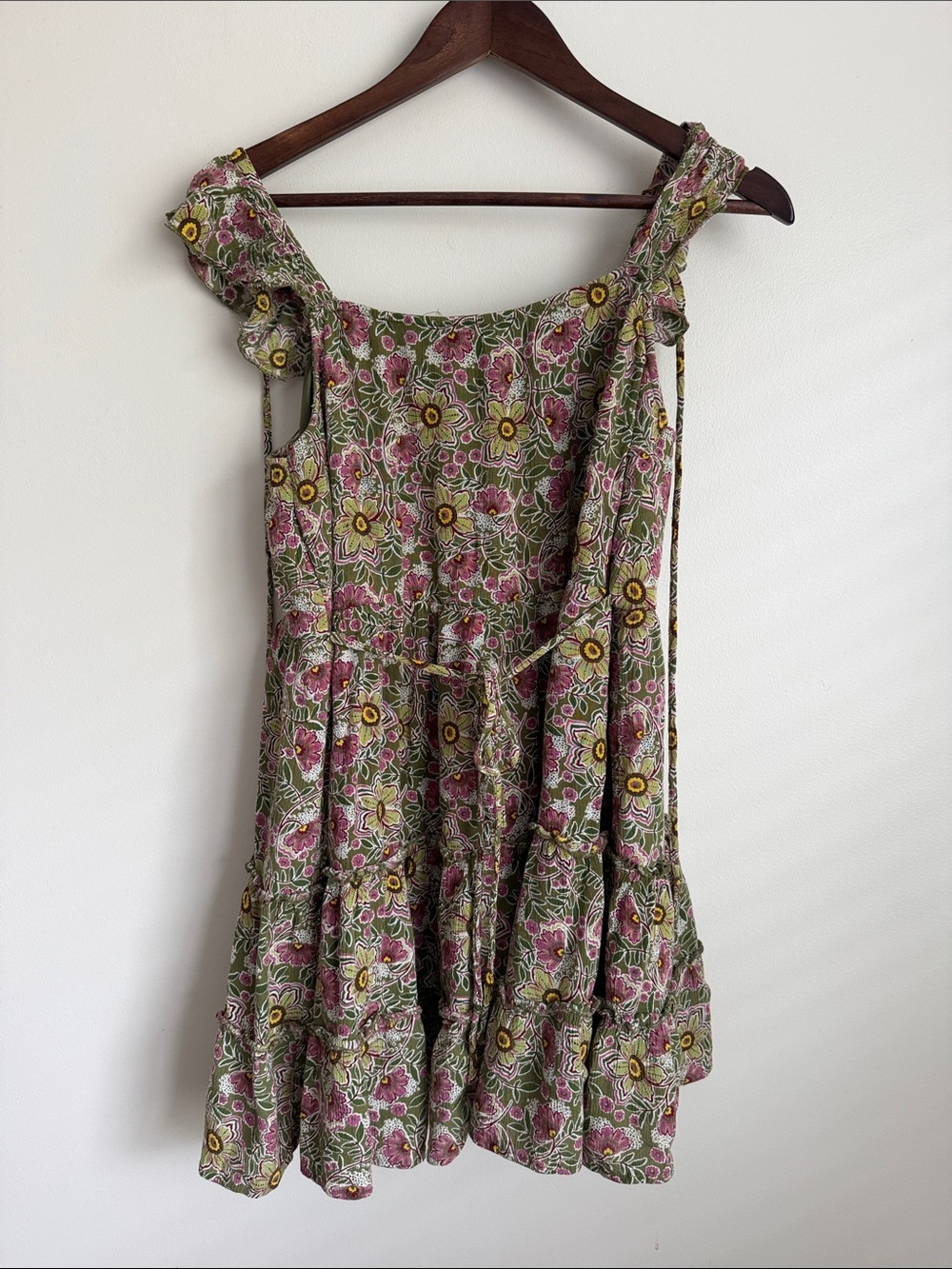 Maurices Hippie Olive Green Floral Mini Dress with Pink & Yellow Accents